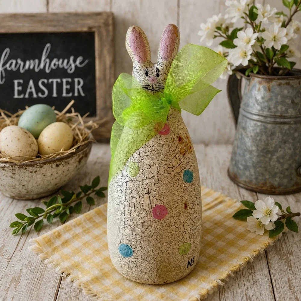 Rustic Easter Bunny Figurine Crackle Finish Farmhouse Spring Handmade Art Signed